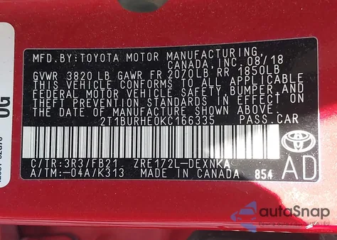 2019 Toyota Corolla Le из США, поврежденный, VIN 2T1BURHE0KC166335